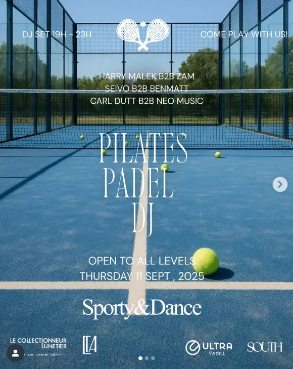 soiree pilates, padel et dj de la region au rooftop Ultra Polygone le 11 sept 2025