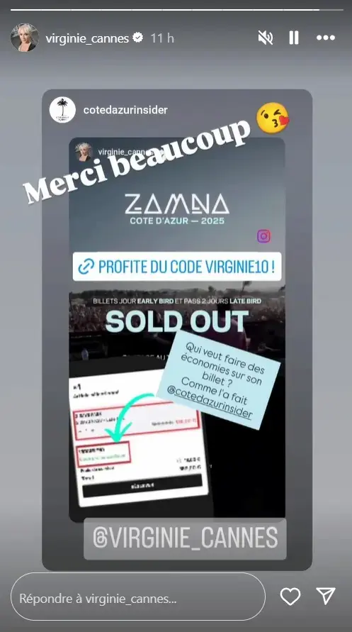 story de virginie cannes organisatrice de soirees remerciant cote d'azur insider pour le partage de son code reduction pour le festival de techno zamna