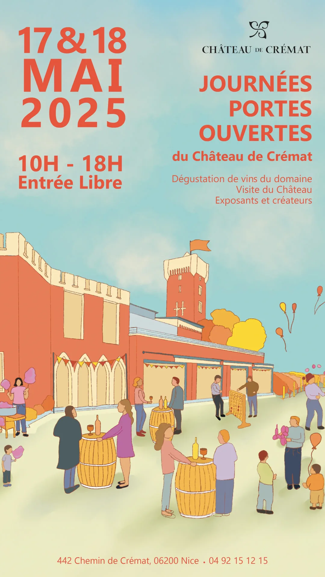 flyer journée portes ouvertes au château de Crémat les 17 et 18 mai 2025