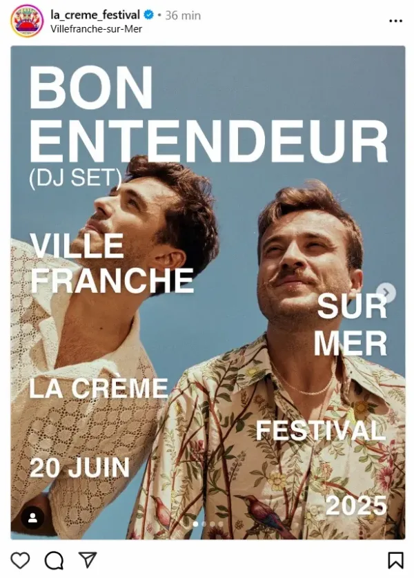flyer de la creme festival a villefranche sur mer cet ete avec le duo bon entendeur souriant sur fond bleu