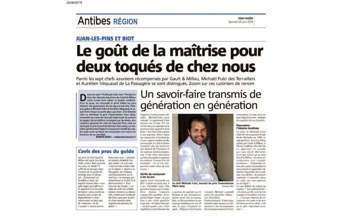 article de nice matin 2019 mettant en avant l'etoile du chef propriétaire mickael fulci du restaurant les terraillers a biot