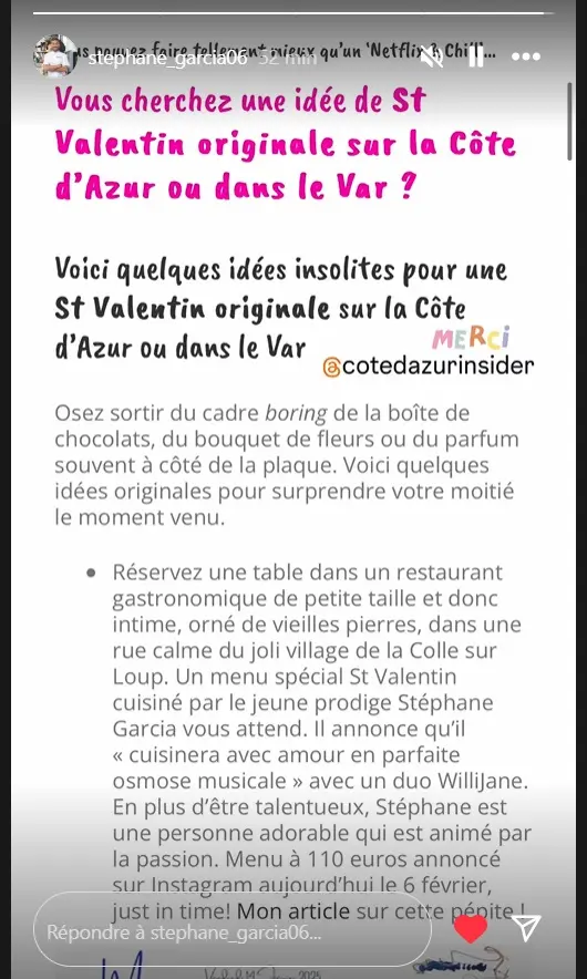 screen du repost du debut de l'article st valentin originale par stephane garcia le chef de l'atelier des saveurs