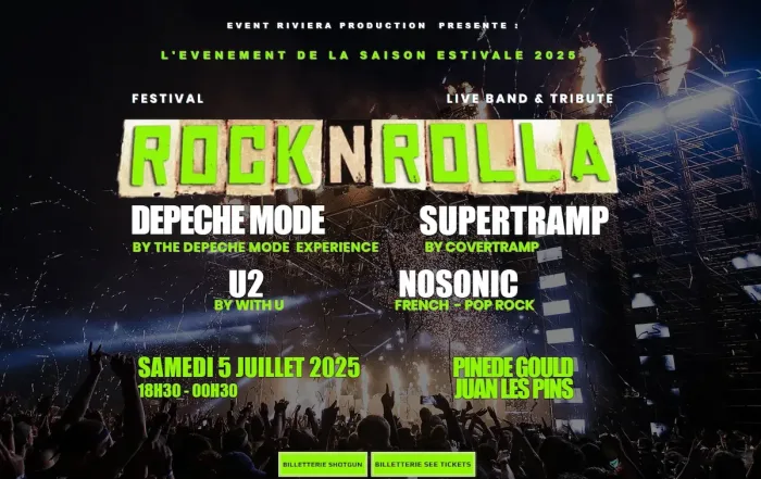 flyer du rocknrolla festival 2025 a antibes juan les pins avec 3 tribute bands et un dj