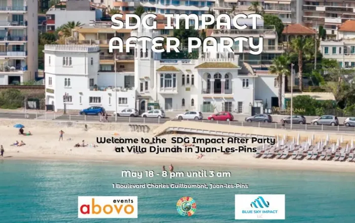 flyer de la sdg impact party qui aura lieu le 18 mai 2025 a la villa djunah a juan les pins pendant le FIF 2025