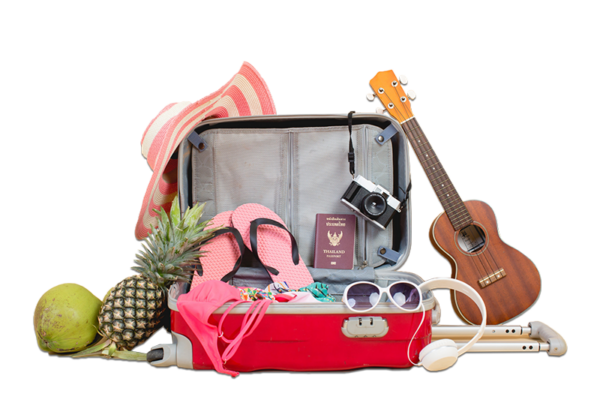 Valise remplie d'accessoires comme un appareil photo, des lunettes, une guitare pour faire des randonnées et balades le long de la Côte d'Azur